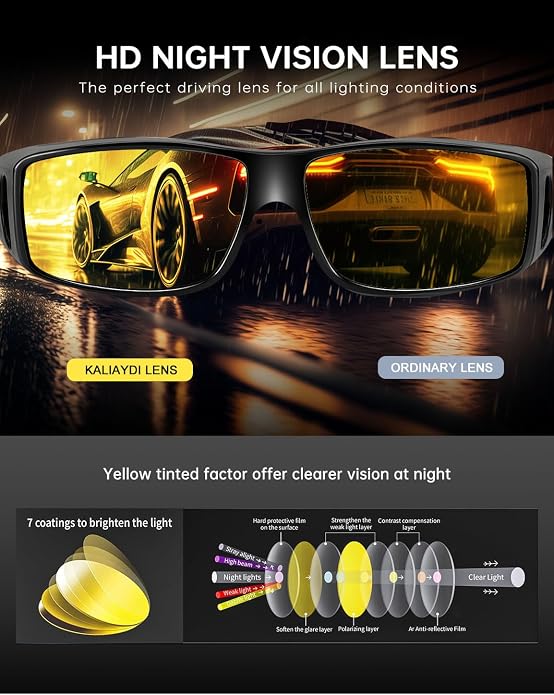 KALIYADI Night-Vision-Glasses Fit-Over-Glasses Wrap-Around Glasses: Anti Glare Night Driving Glasses for men women HD Lens KAS105-14