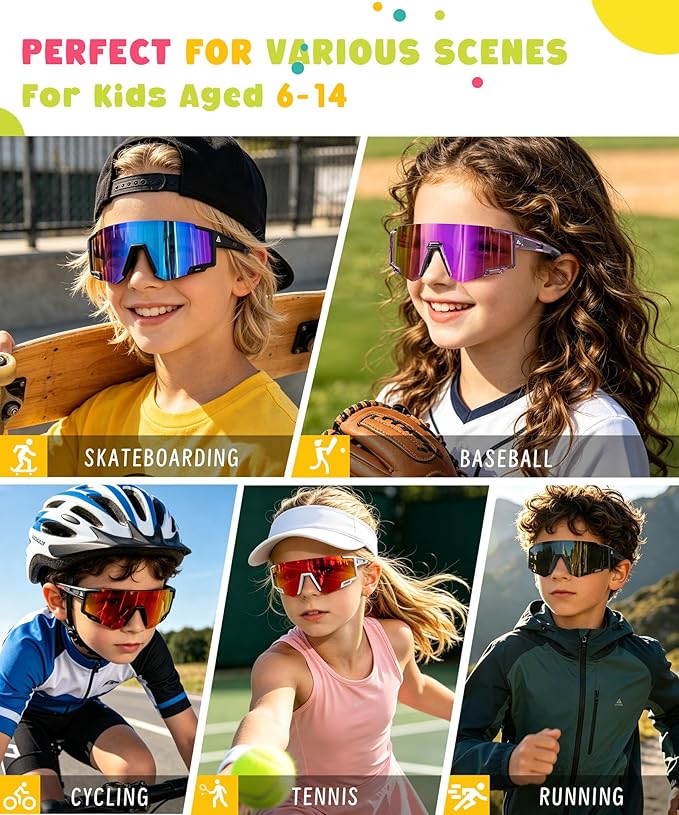 KALIYADI Polarized Kids-Sunglasses Sports Sunglasses-for-Kids: Boys Girls Sun Glasses with UV400 for Running Cycling Age 6-14 S168-11-13-14