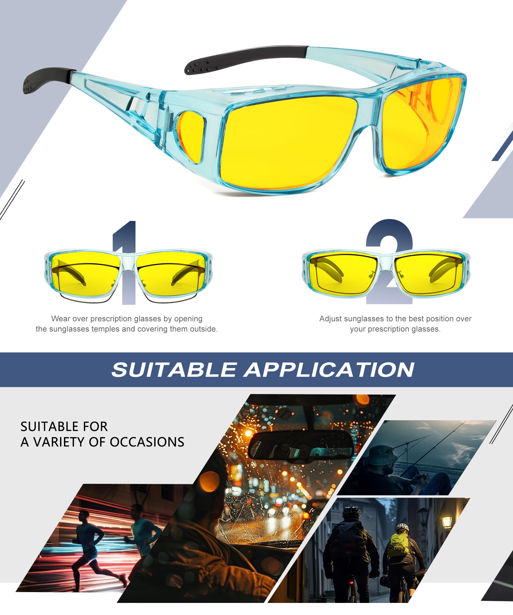 KALIYADI Night-Vision-Glasses Fit-Over-Glasses Wrap-Around Glasses: Night Vision Glasses Anti Glare HD for Driving WMKAS105-12-13-14