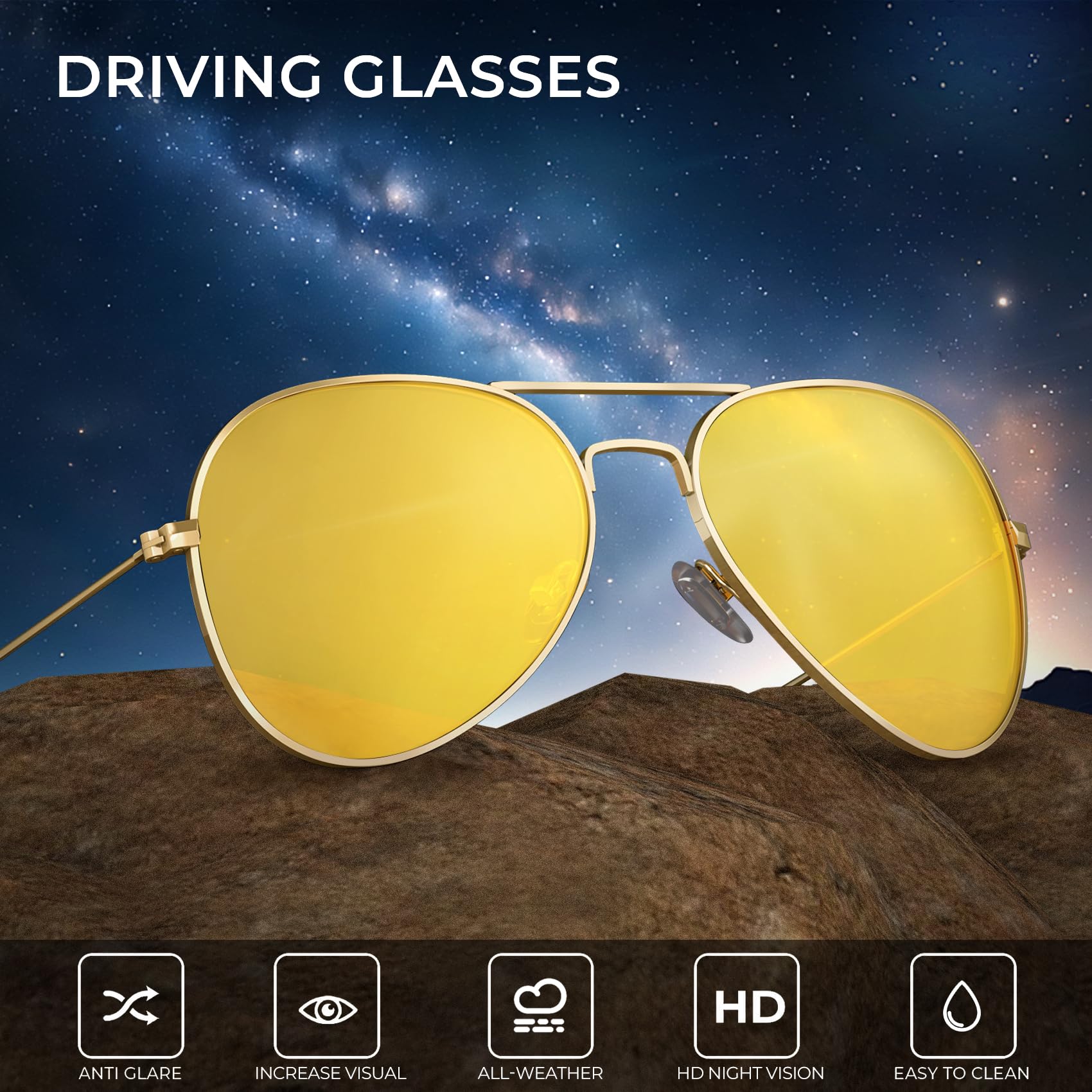 KALIYADI Classic Aviator Night Vision Glasses for Men Women Driving Sun glasses Polarized Lensn WMS24-17-17
