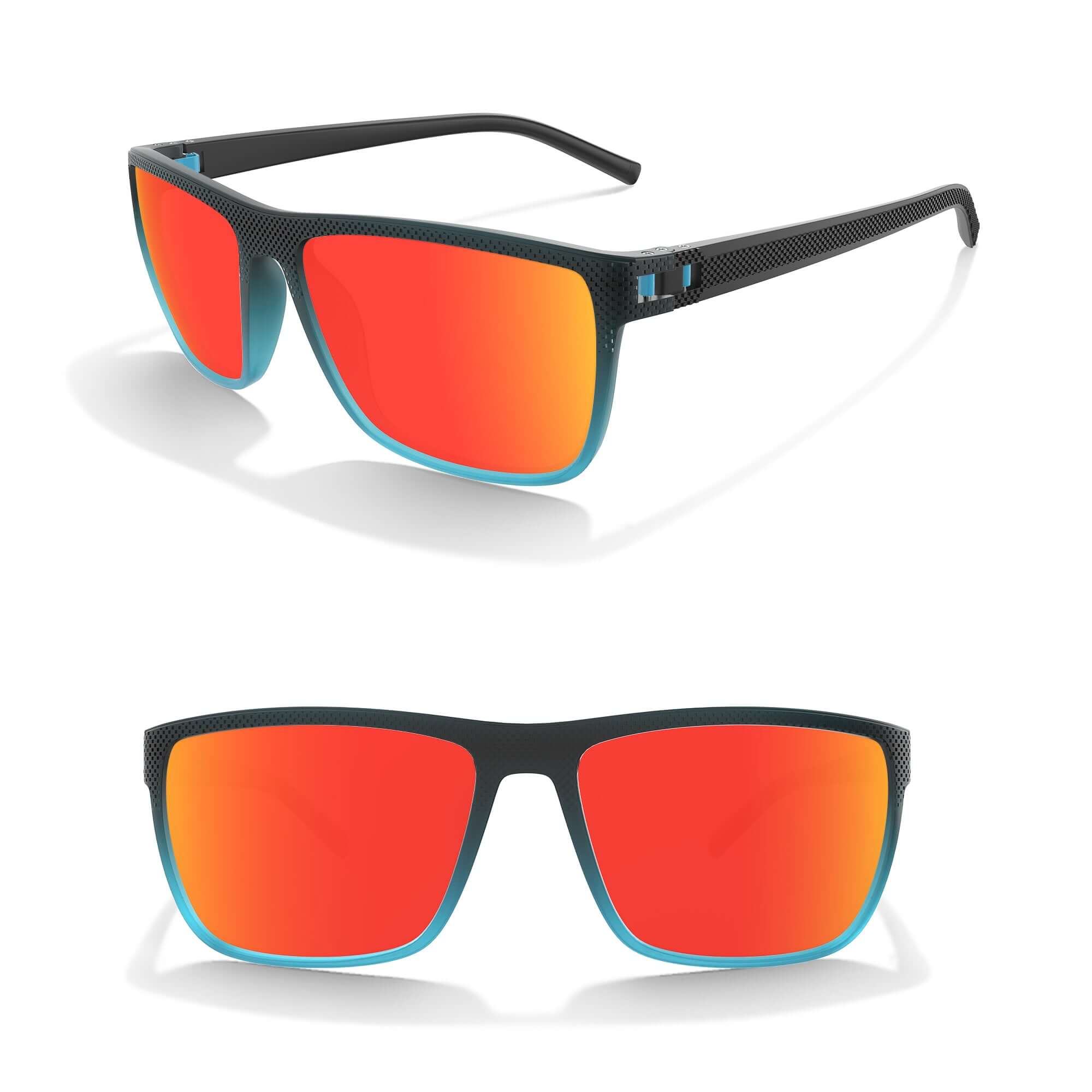 custom sunglasses ease (balck and blue frame + red lens + ice blue hinge + black grey temples)
