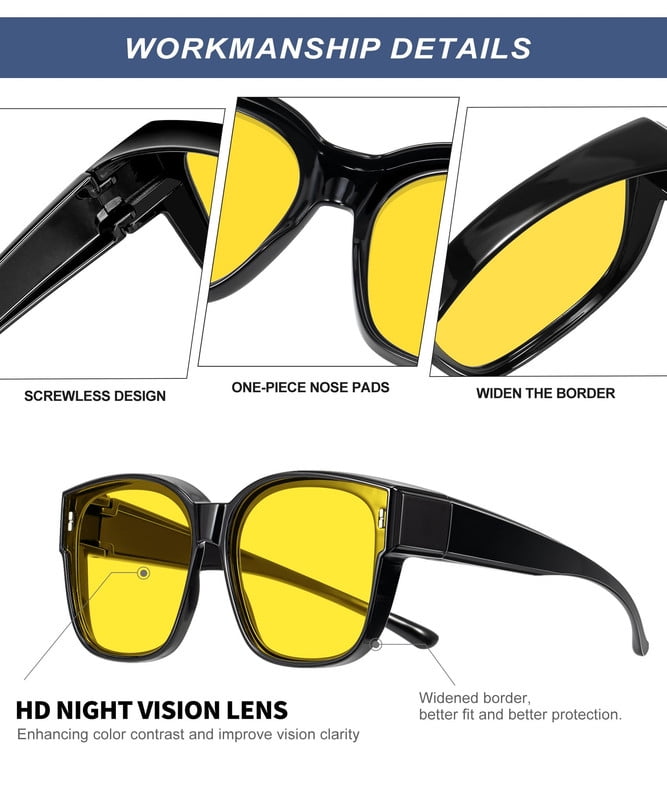 KALIYADI HD Night Vision Driving Glasses Anti Glare Polarized Safe Trendy Stylish Fit Over Glasses for Men & Women Night Driving Wrap Around Glasses(WMKAS109-8-8-9)